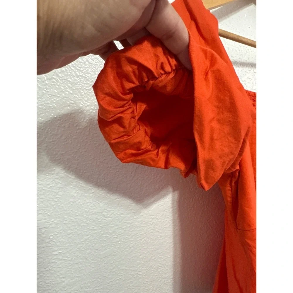 NWT Old Navy Womens Orange Puff Sleeve Smocked Back Square Neck Blouse Top Med